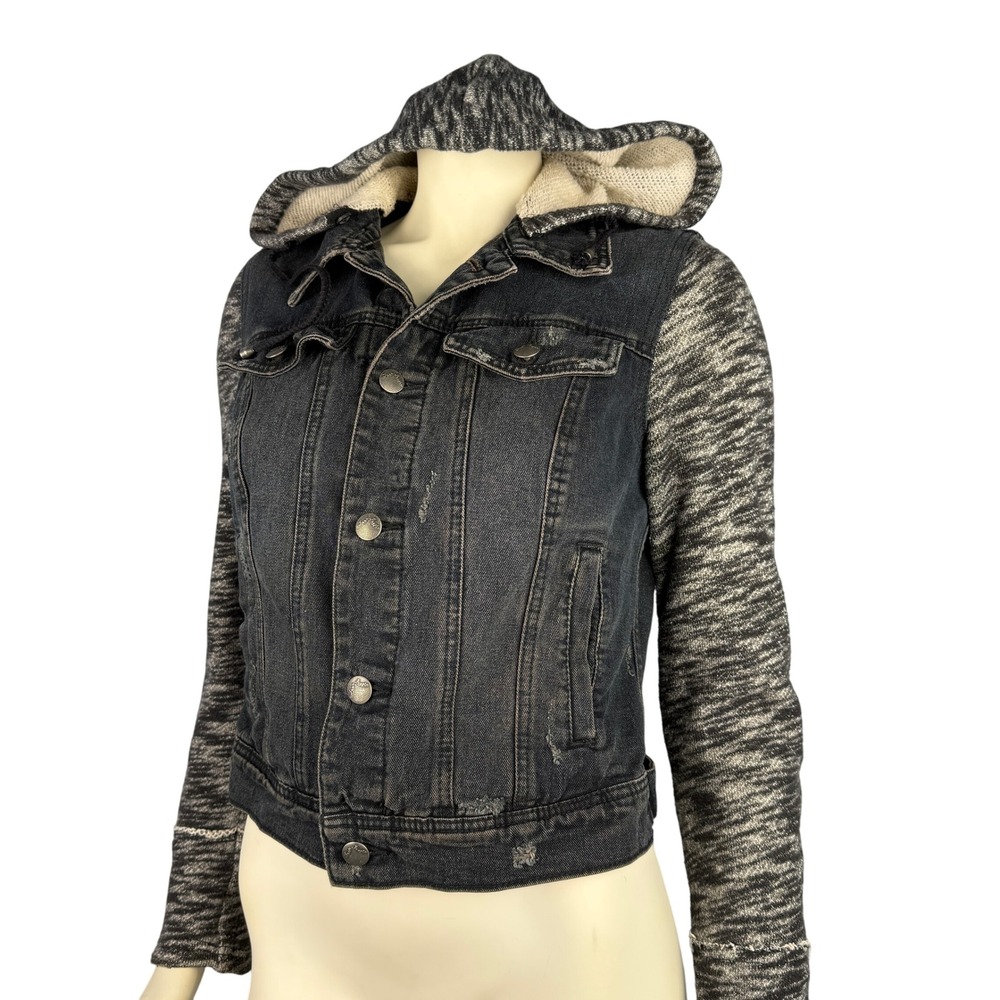 Free People Jacket Small Denim Retro 90s Grunge Distressed Sweatshirt Hoodie